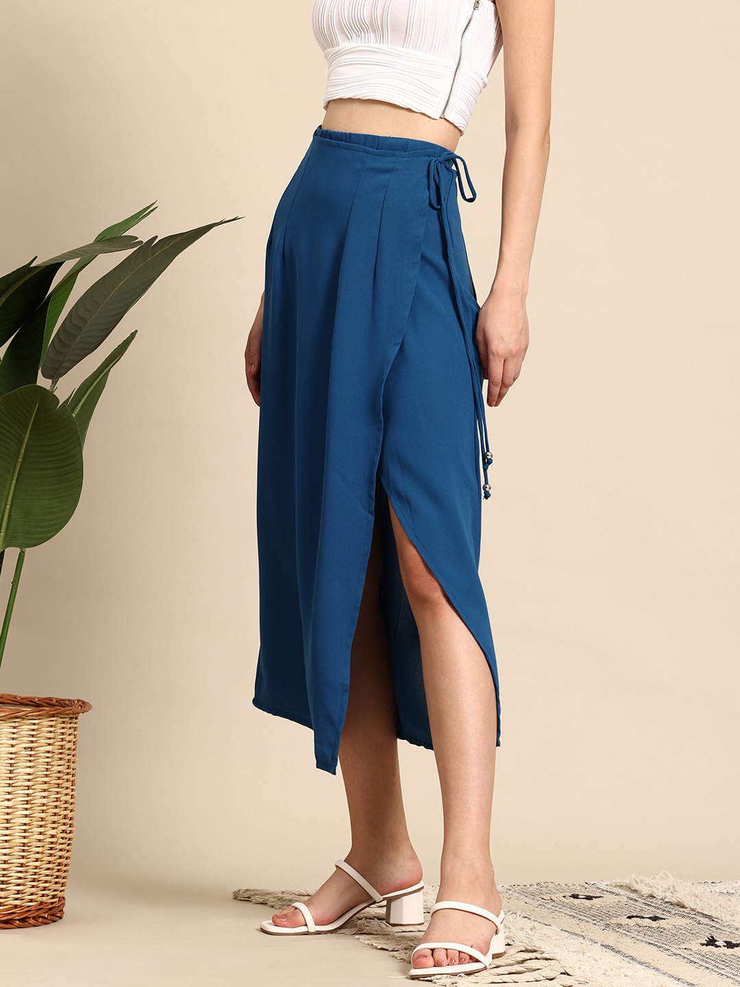 

Mast & Harbour Pleated Slit Midi Wrap Skirt, Blue