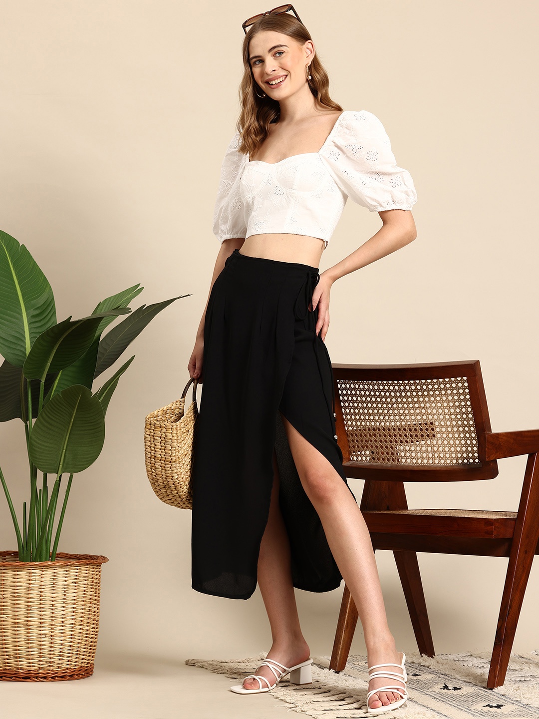 

Mast & Harbour Pleated Slit Midi Wrap Skirt, Black