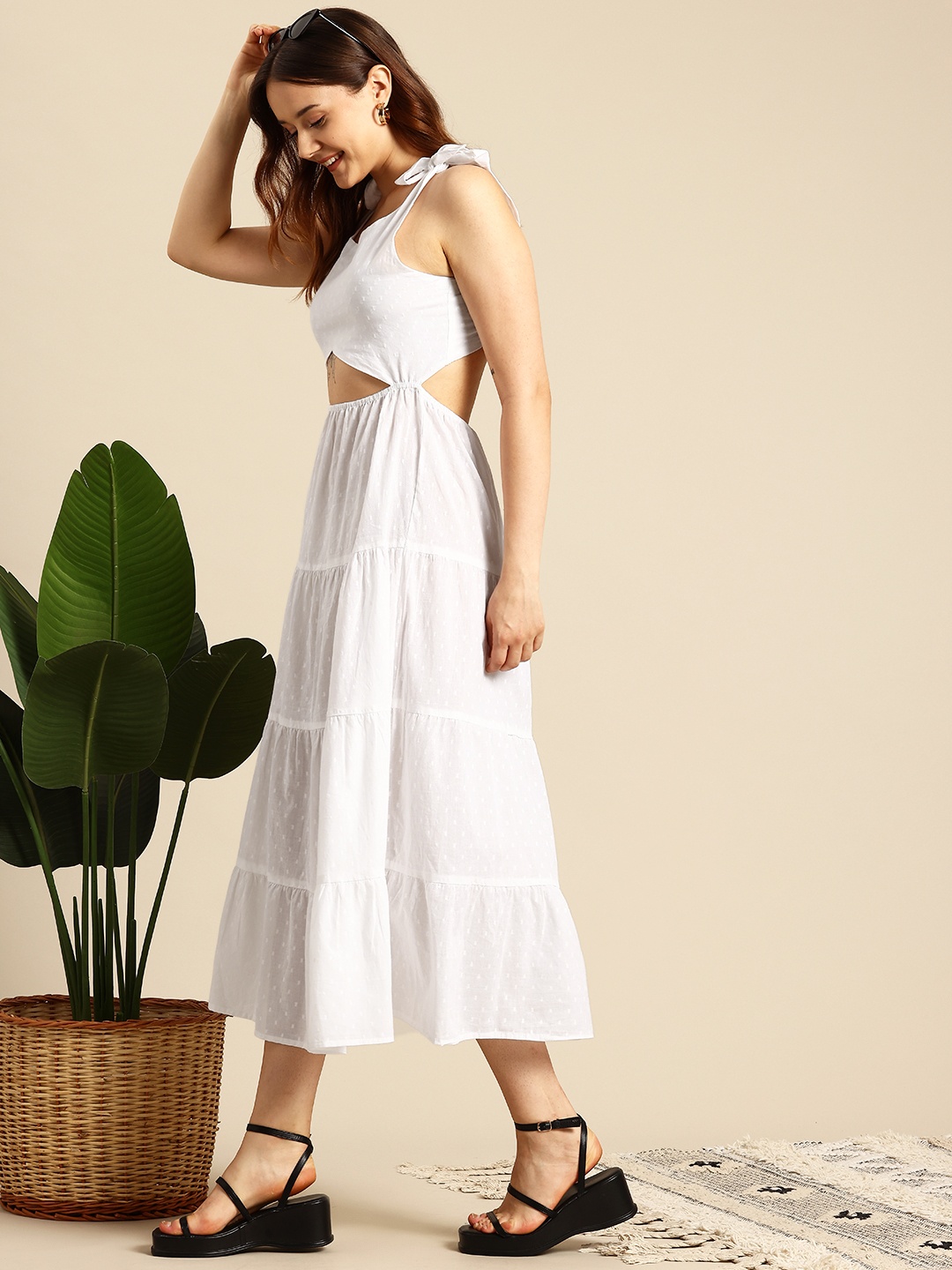 

Mast & Harbour Pure Cotton Dobby Tiered Cut Out Detailed A-line Midi Dress, White