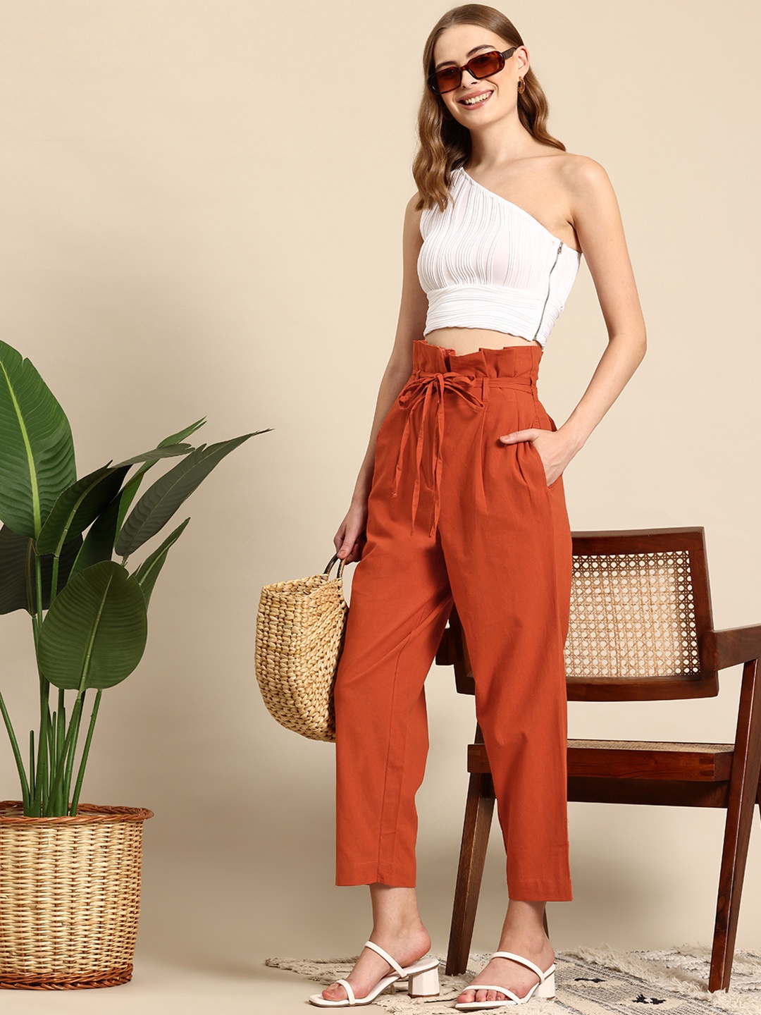 

Mast & Harbour Pure Cotton Women High-Rise Pleated Trousers, Rust