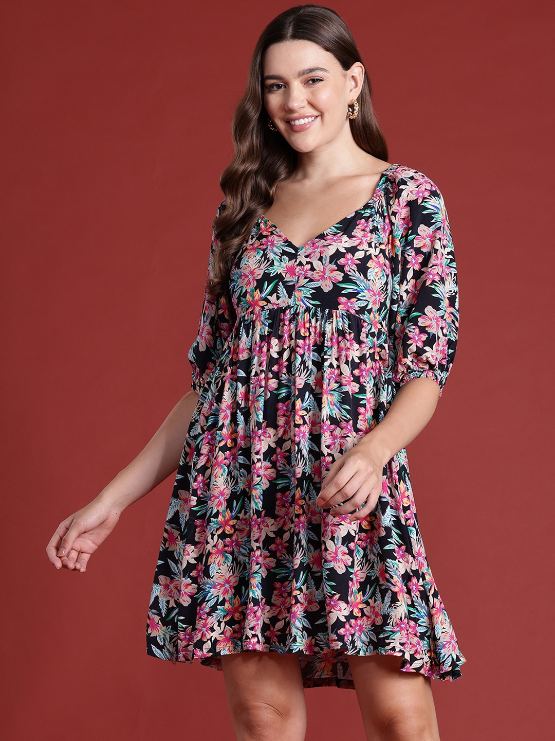 

all about you Floral Print Sweetheart Neck Empire Dress, Black