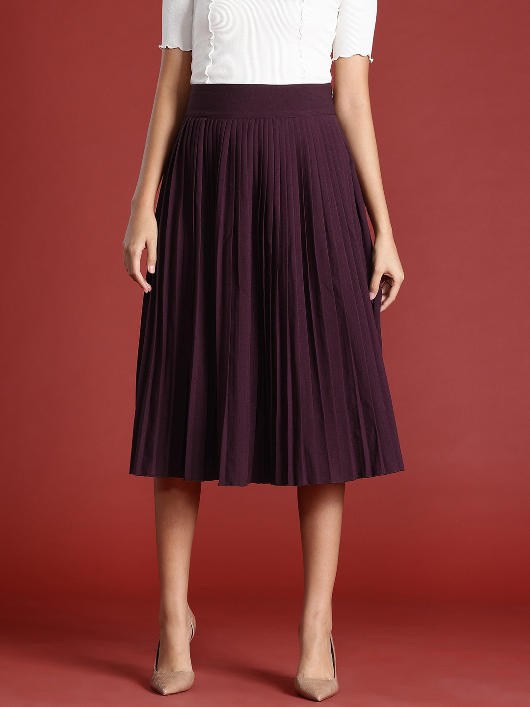 

All About You Formals Women Accordion Pleats High Waist Midi Skirt, Burgundy