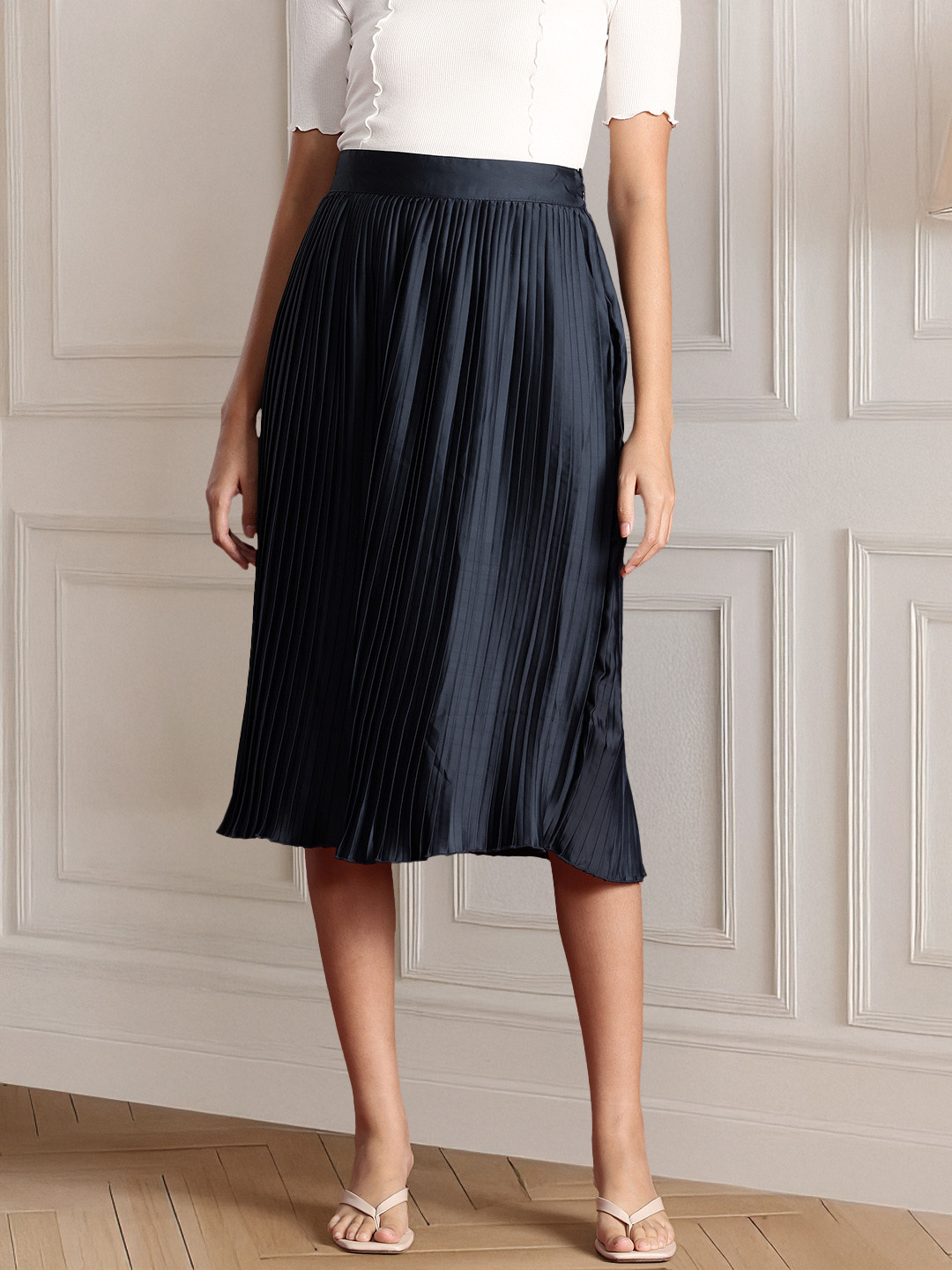 

all about you Women Accordion Pleats High Waist Midi Skirt, Navy blue