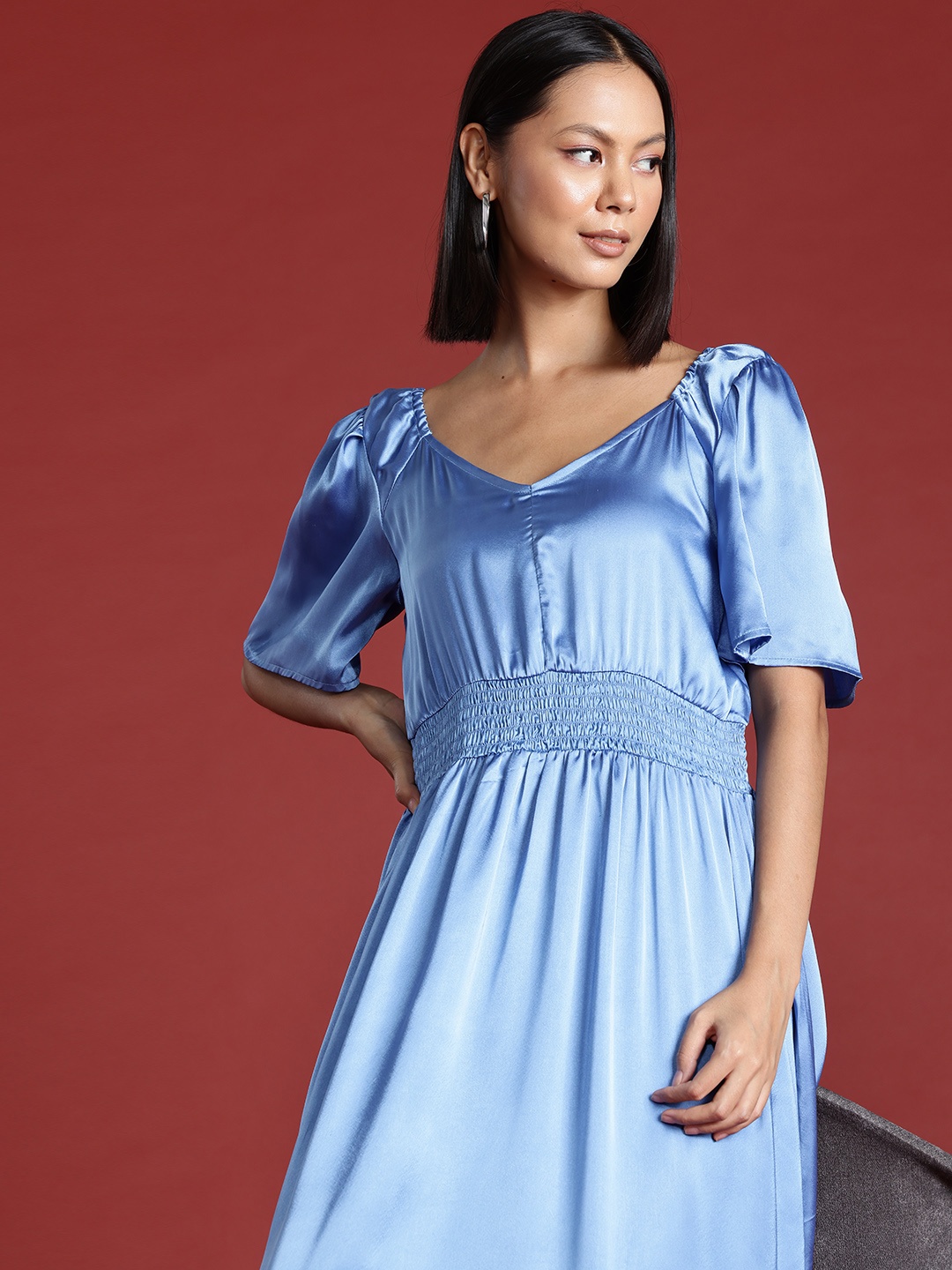 

all about you Satin Finish Smocked Maxi Dress, Blue