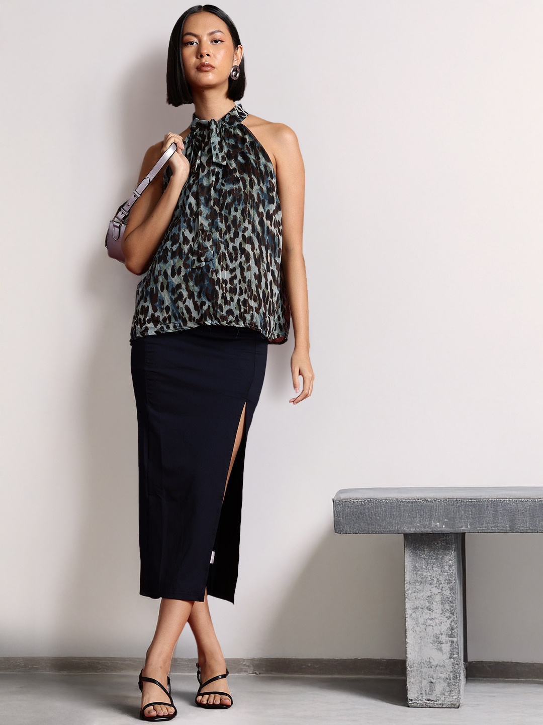 

all about you Animal Print Tie-Up Neck Top, Blue