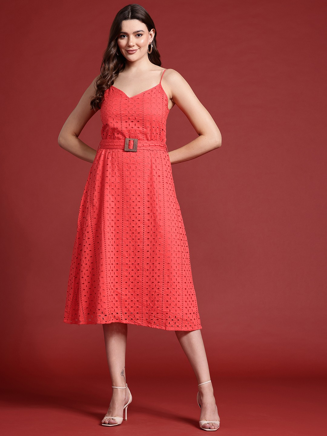 

all about you Schiffli Cotton A-Line Midi Dress with Belt, Peach