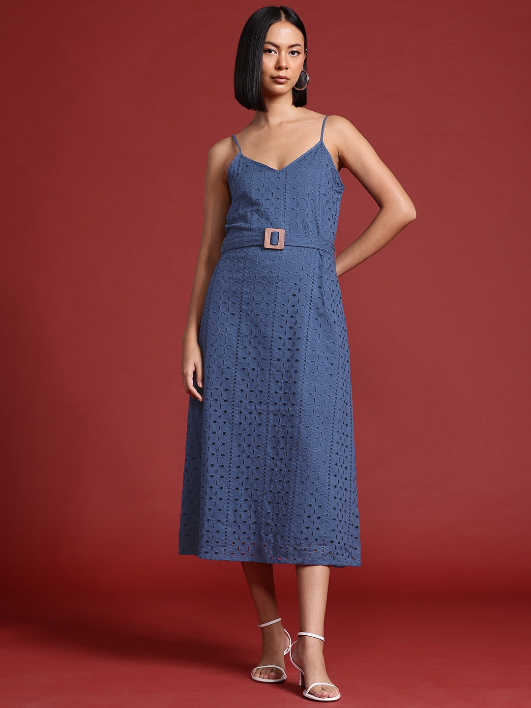 

all about you Schiffli Cotton A-Line Midi Dress with Belt, Blue