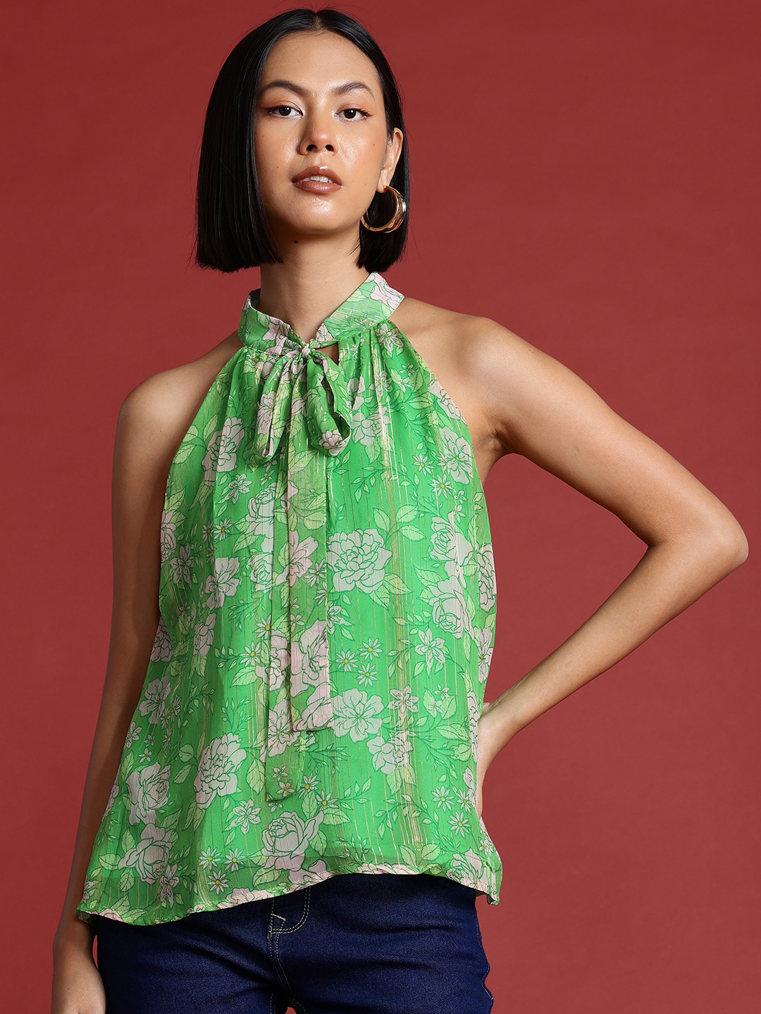 

all about you Floral Print Tie-Up Neck Top, Green