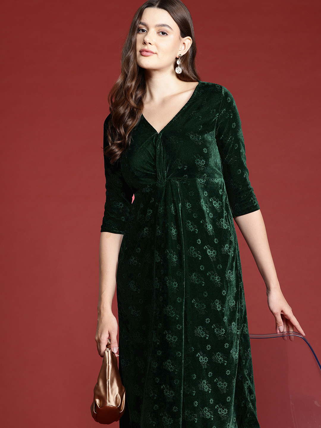 

all about you Front Twisted Floral Velvet Finish A-Line Dress, Green