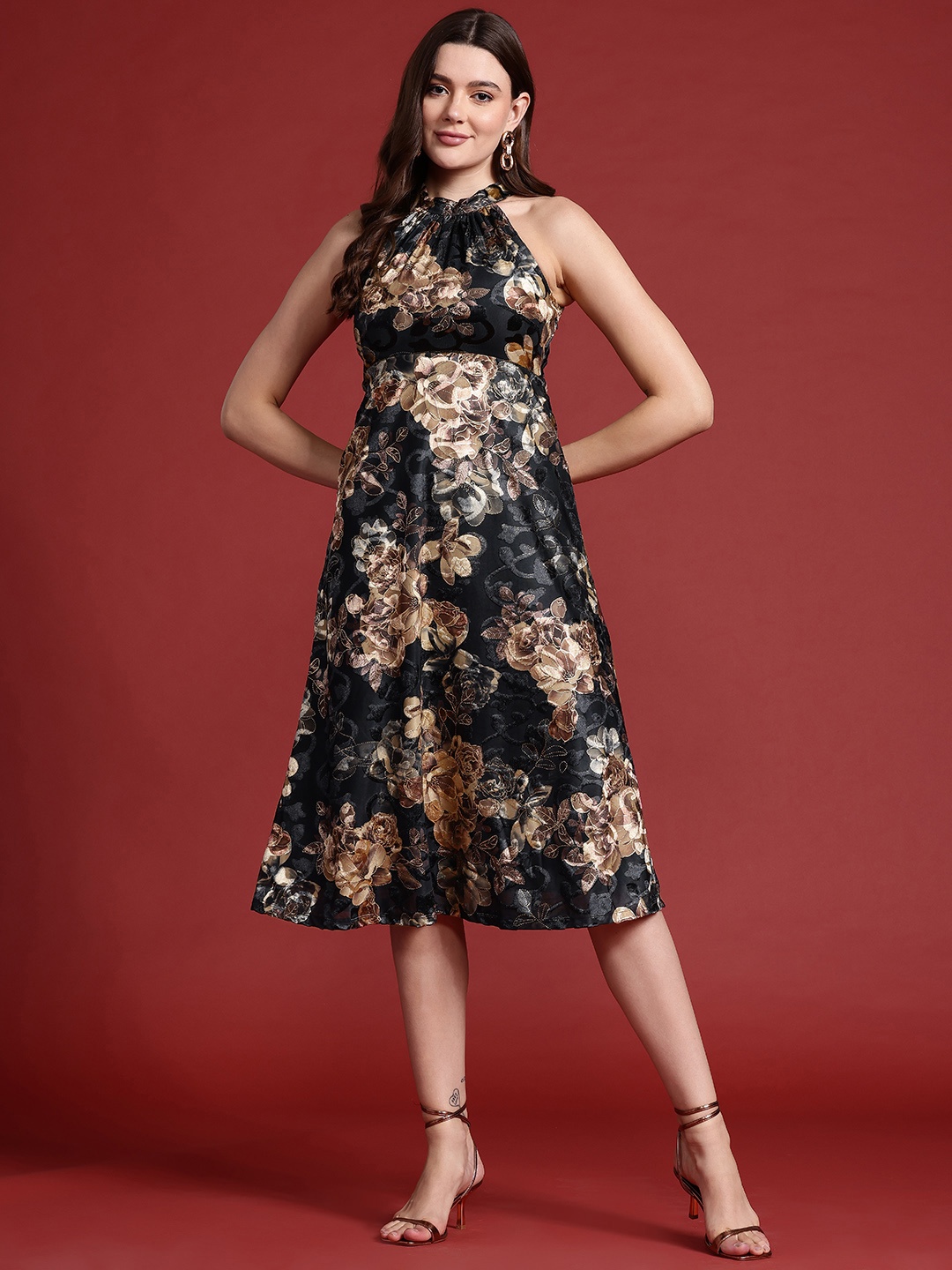 

all about you Floral Print Halter Neck Fit & Flare Dress, Black