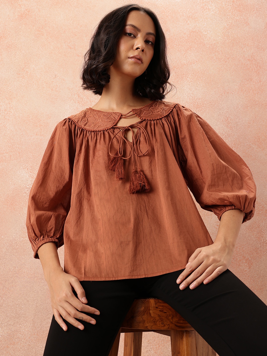 

all about you Embroidered Detail Tie-Up Neck Cotton Top, Brown