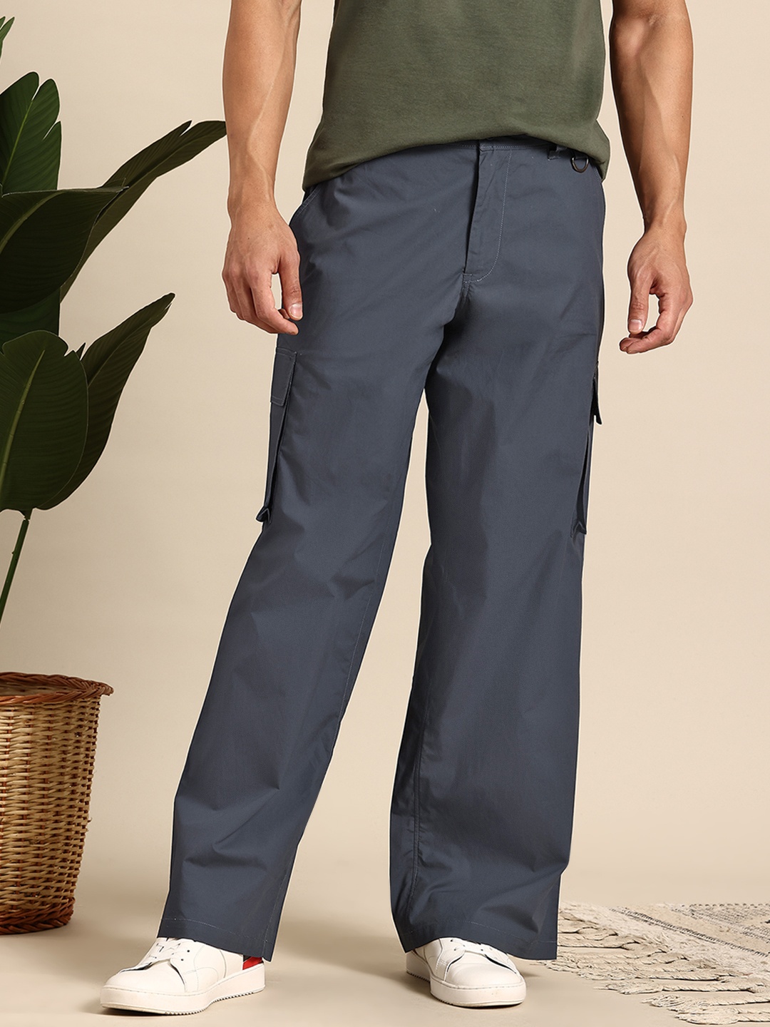 

Mast & Harbour Men Pure Cotton Cargo Trousers, Navy blue