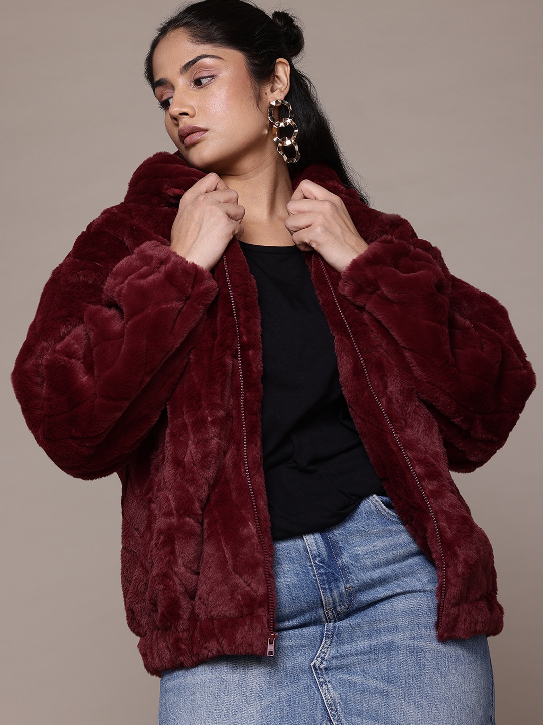 

The Roadster Lifestyle Co. Faux Fur Hooded Tailored Jacket, Burgundy