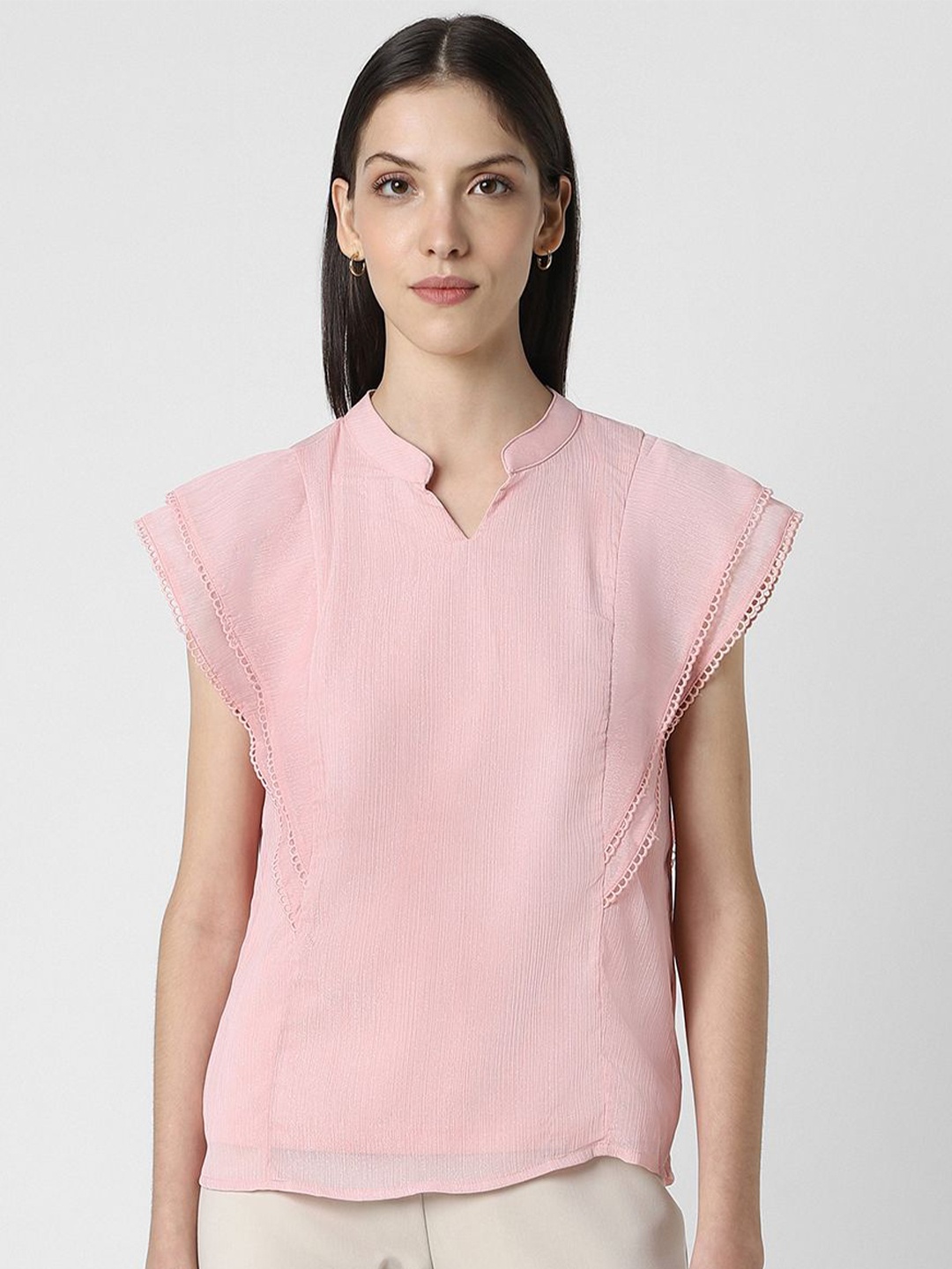 

Van Heusen Woman Mandarin Collar Flutter Sleeves Top, Pink