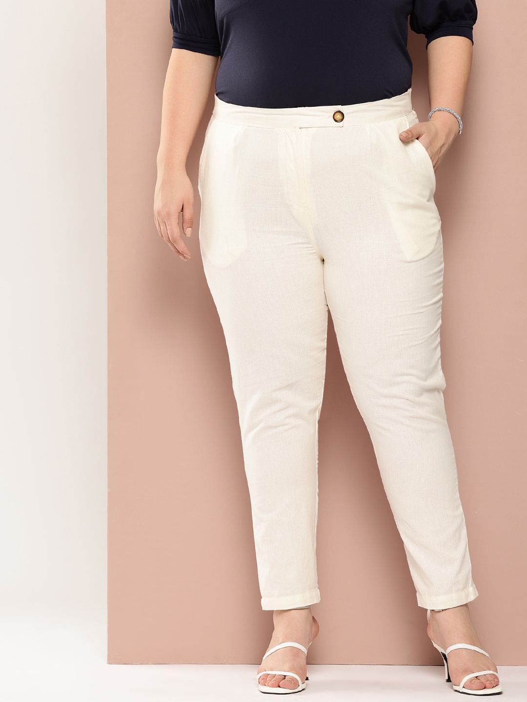 

Sztori Women Plus Size Cotton Linen Trousers, Off white