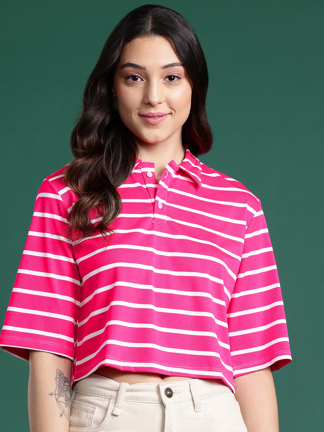 

DressBerry Striped Polo Collar Boxy T-shirt, Magenta