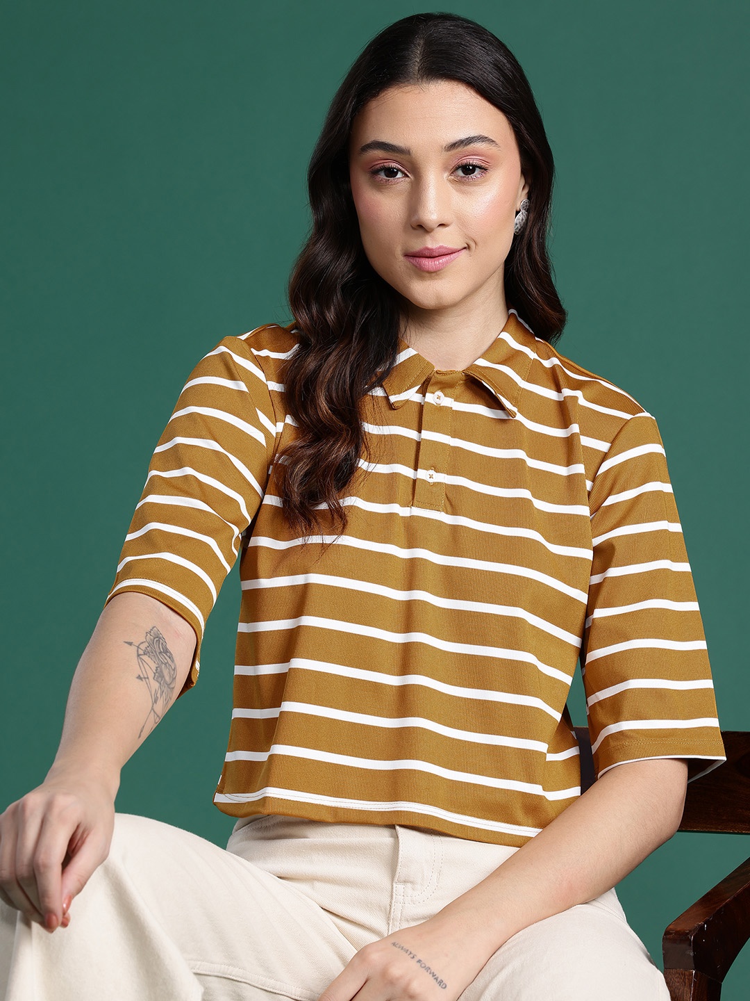 

DressBerry Striped Polo Collar Boxy T-shirt, Mustard