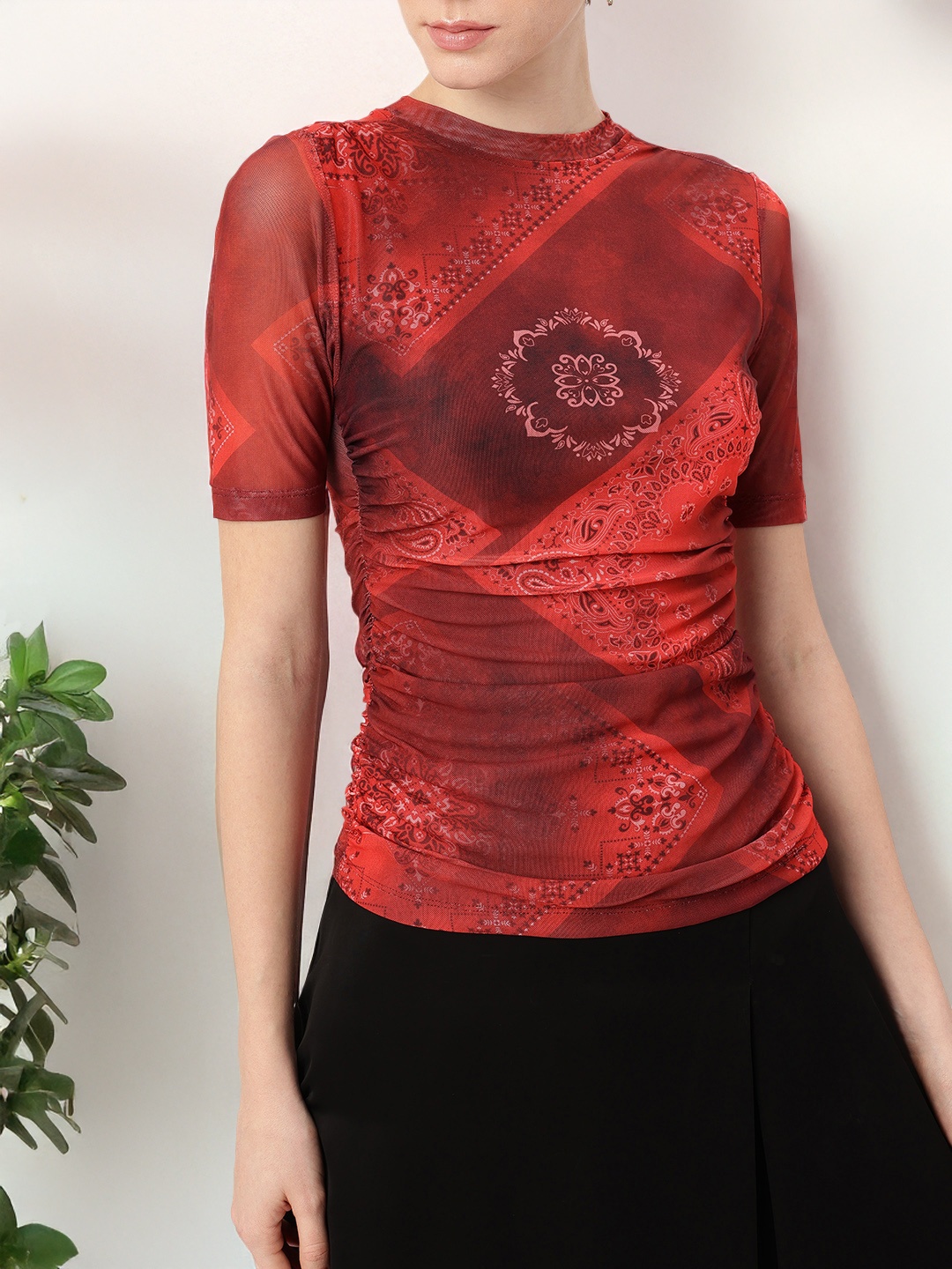 

DressBerry Bohemian Touch Printed Net Ruched Fitted Top, Maroon
