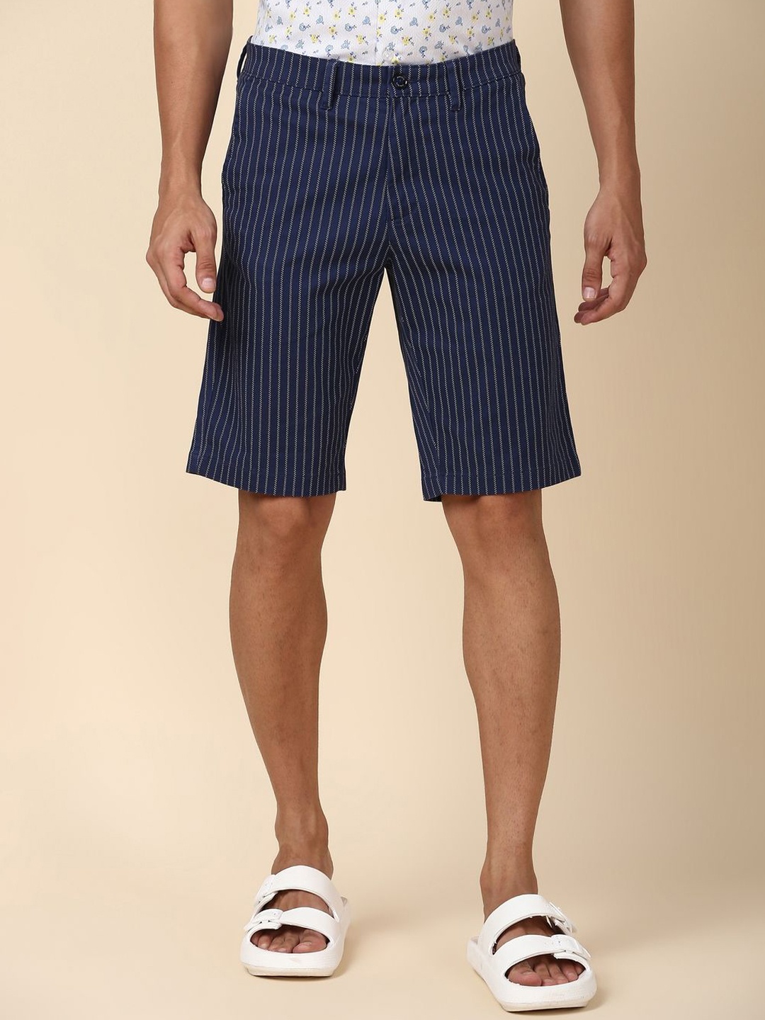 

Allen Solly Men Striped Slim Fit Mid-Rise Cotton Shorts, Navy blue