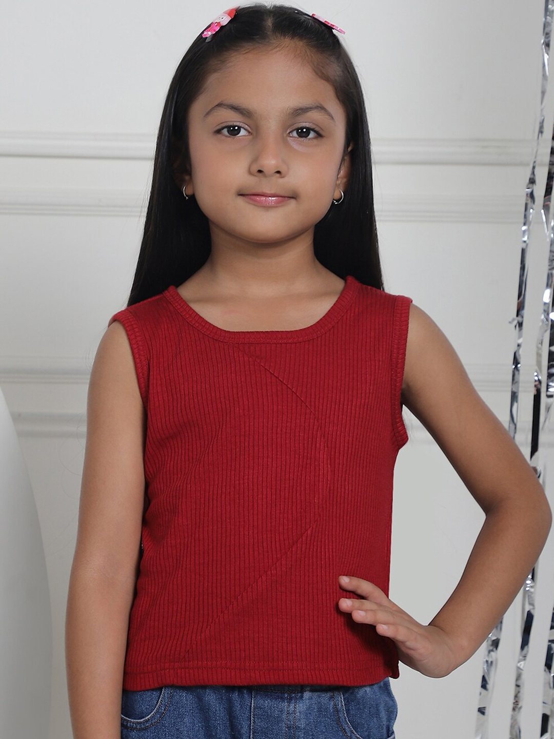 

MINI & MING Girls Round Neck Cotton Top, Maroon