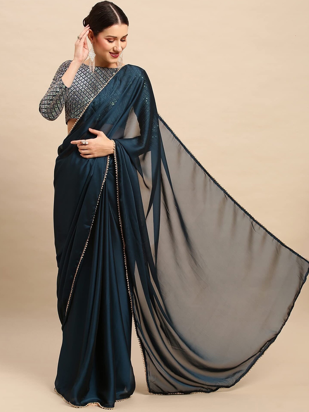 

RASVRITI Gotta Patti Satin Saree, Teal