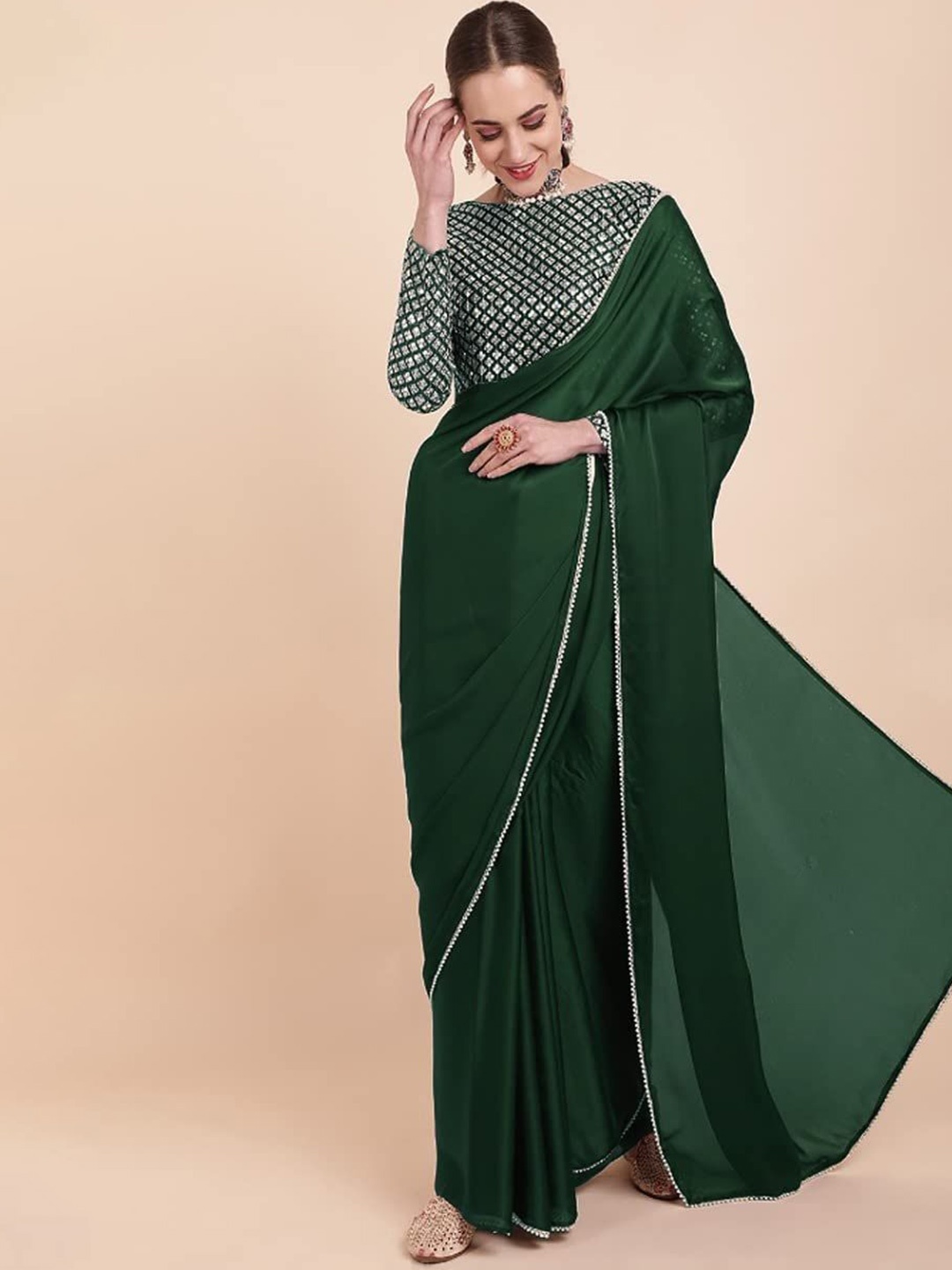 

RASVRITI Beads and Stones Satin Saree, Green