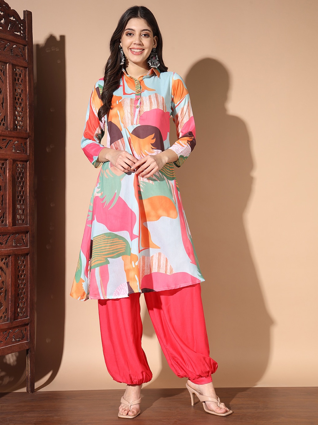 

BAESD Floral Printed Shirt Collar Kurta with Harem Pants, Red