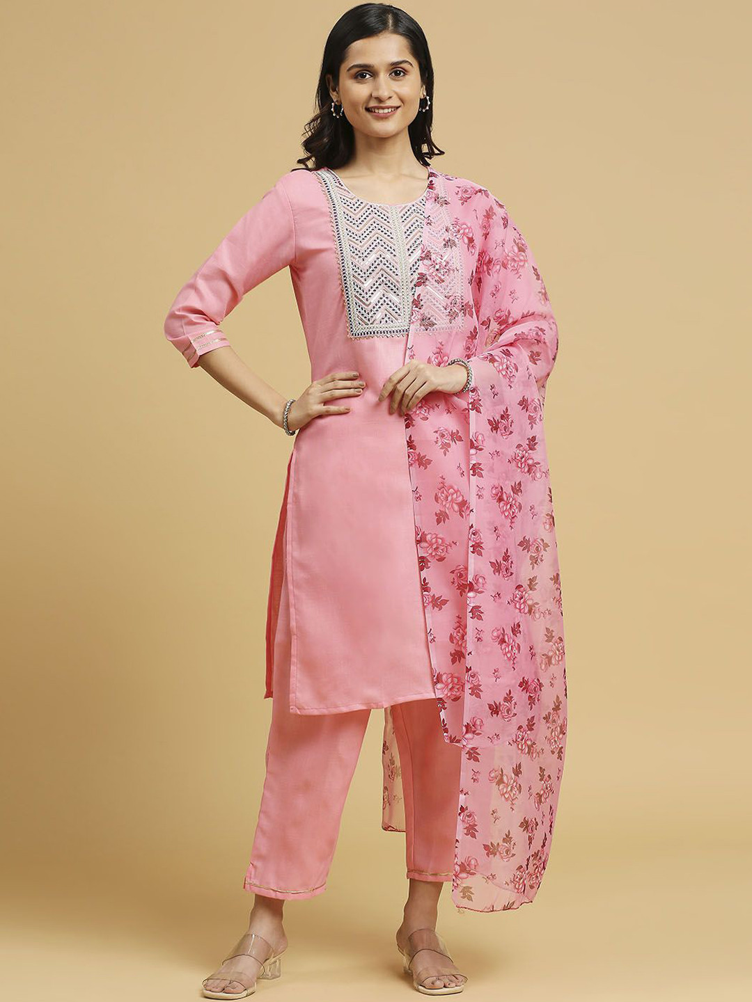 

BAESD Ethnic Motifs Embroidered Round Neck Straight Kurta with Palazzos & Dupatta, Pink