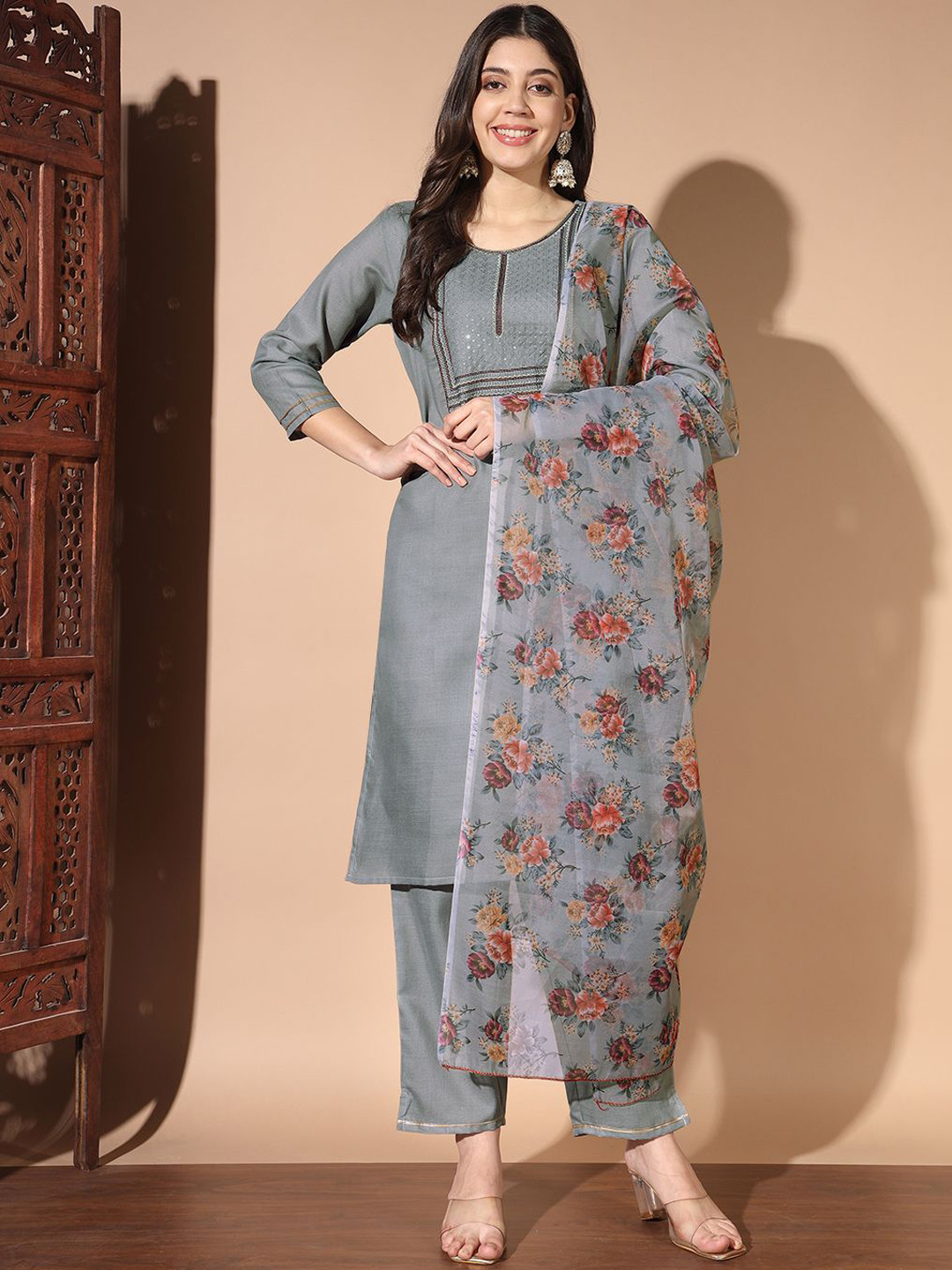 

BAESD Ethnic Motifs Embroidered Thread Work Kurta with Palazzos & Dupatta, Grey