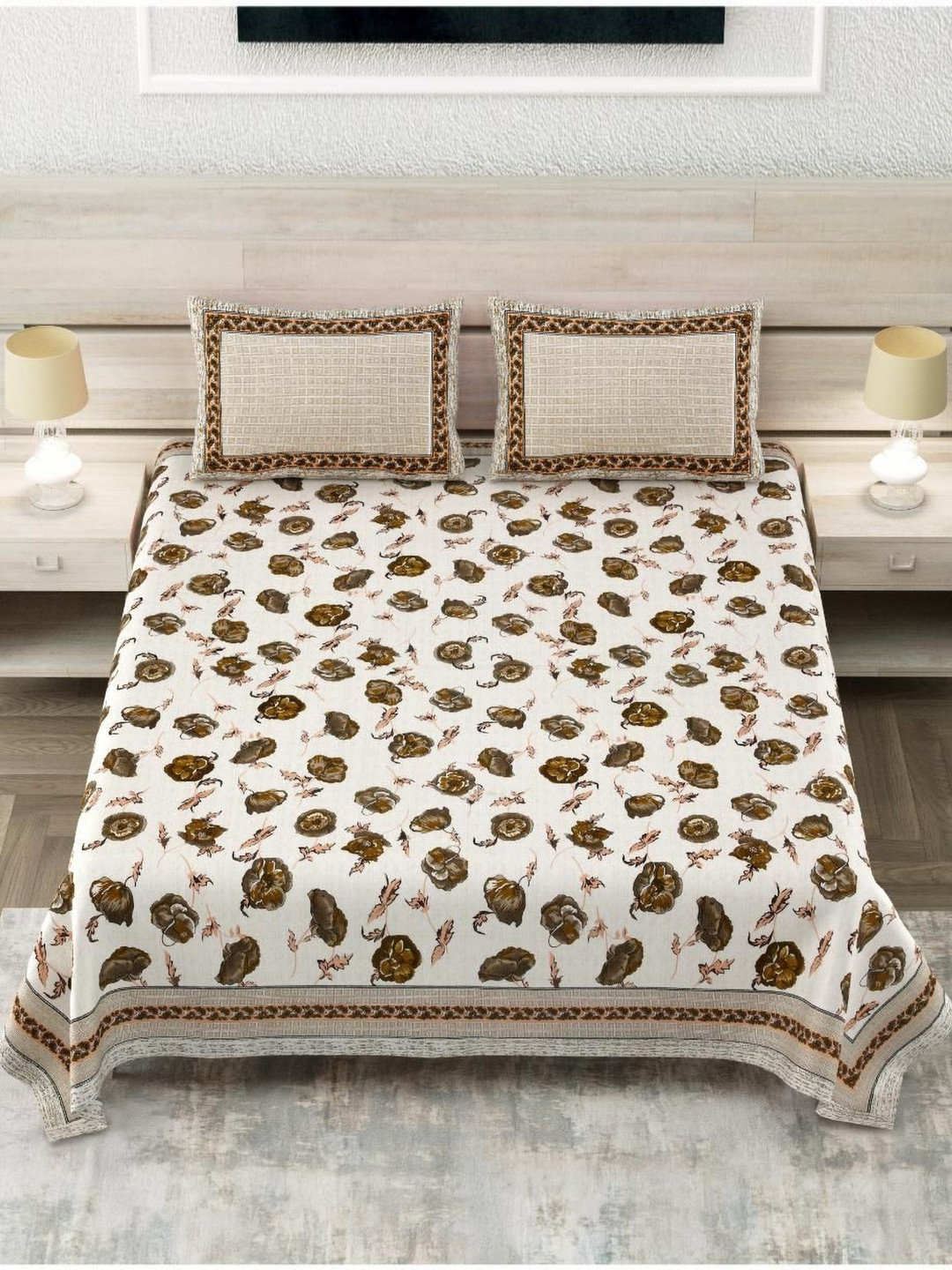 

Block Print Story White & Brown Floral Twill Cotton 210 TC King Bedsheet & 2 Pillow Covers