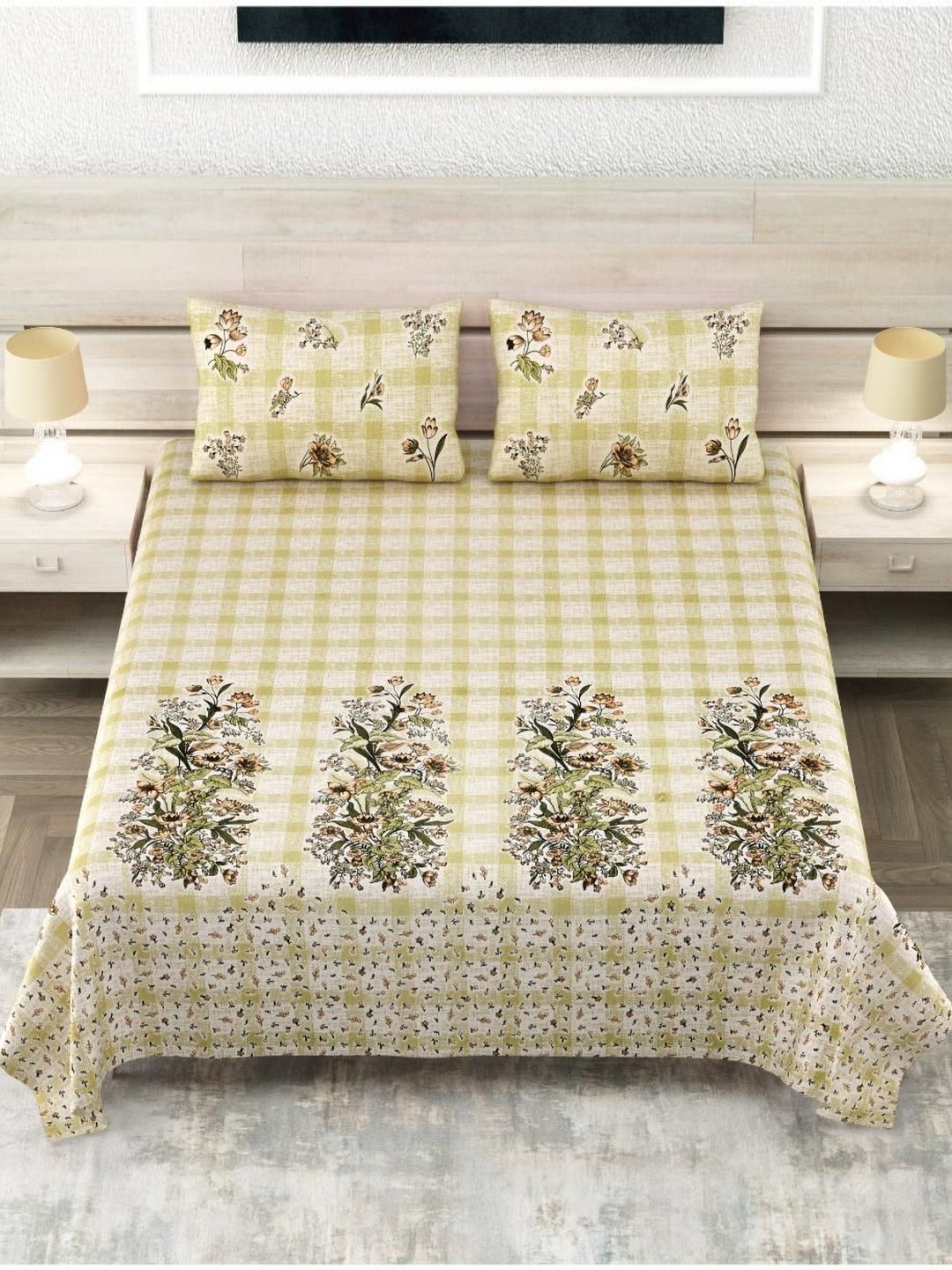 

Block Print Story Yellow Floral 210 TC Cotton King Bedsheet with 2 Pillow Covers