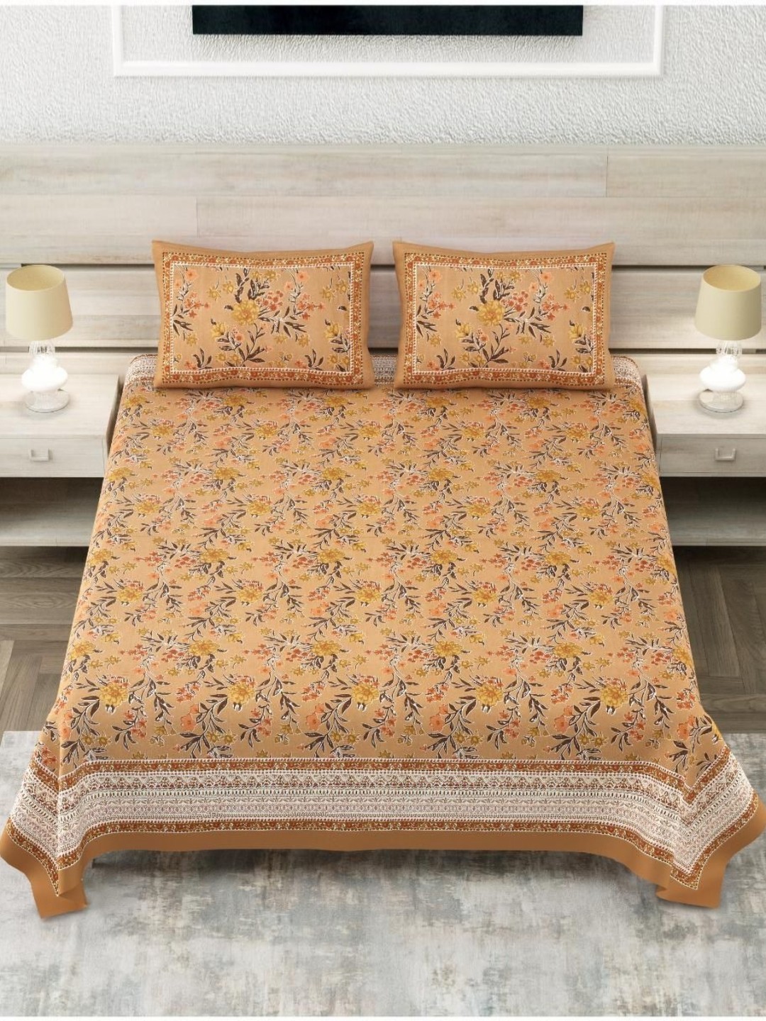 

Block Print Story Camel Brown Floral 210TC Twill Cotton King Bedsheet With 2 Pillow Covers
