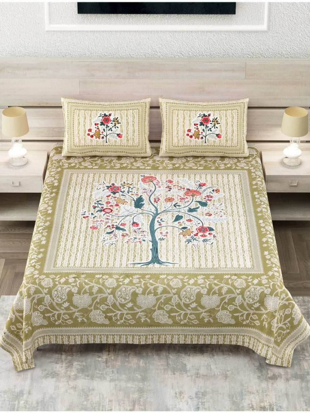 

Block Print Story Olive Green Floral 210 TC Cotton King Bedsheet with 2 Pillow Covers