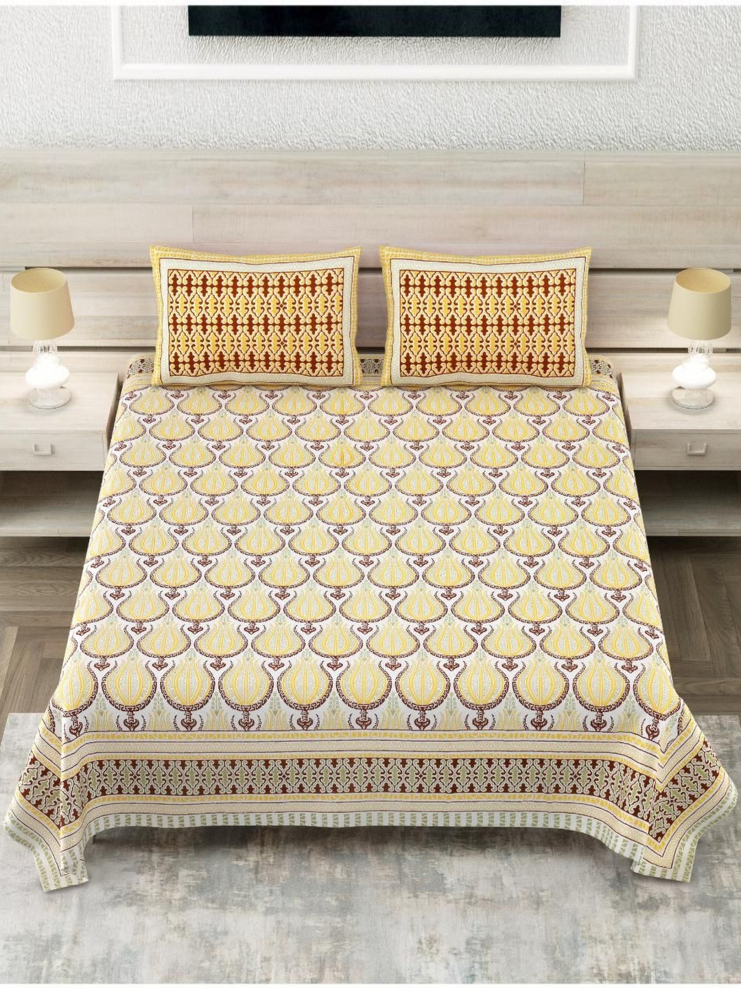 

Block Print Story Yellow Floral Twill Cotton 210 TC King Bedsheet With 2 Pillow Covers