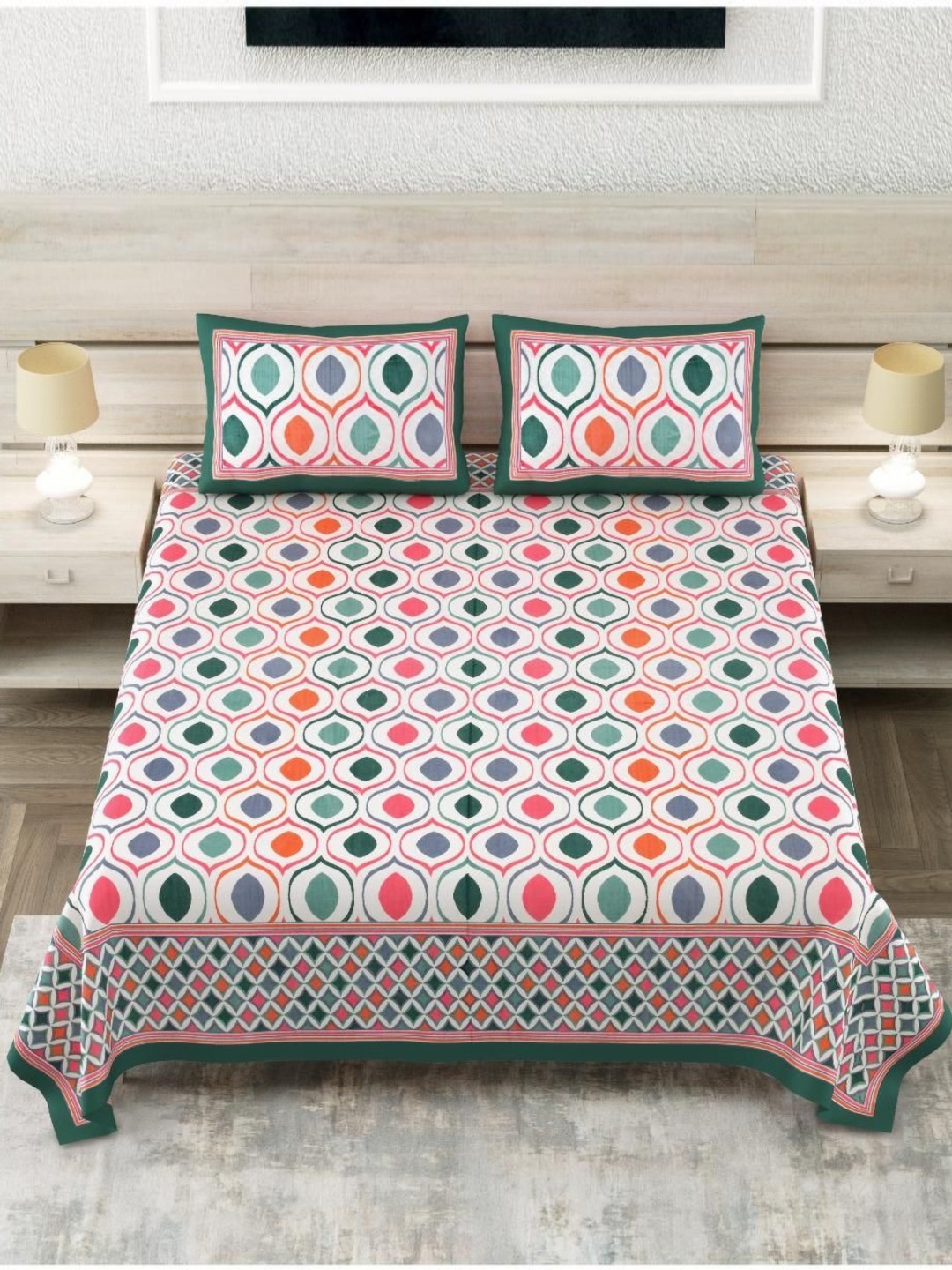 

Block Print Story Pink Geometric Twill Cotton 210 TC King Bedsheet With 2 Pillow Covers