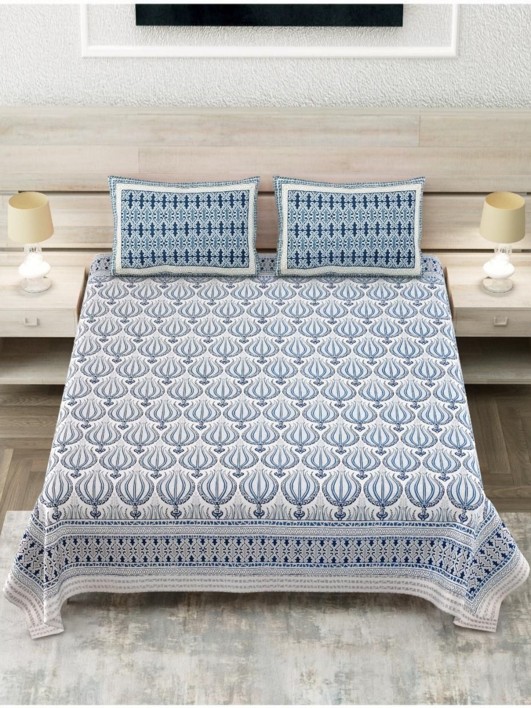 

Block Print Story Blue Ethnic Motifs 210 TC King Bedsheet with 2 Pillow Covers