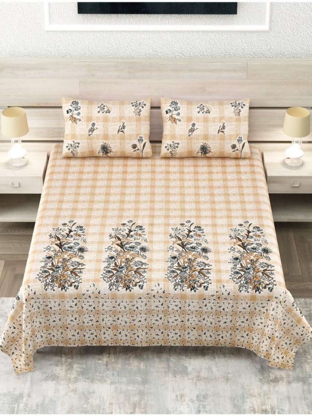 

Block Print Story Tan & Grey Floral Twill Cotton 210 TC King Bedsheet & 2 Pillow Covers