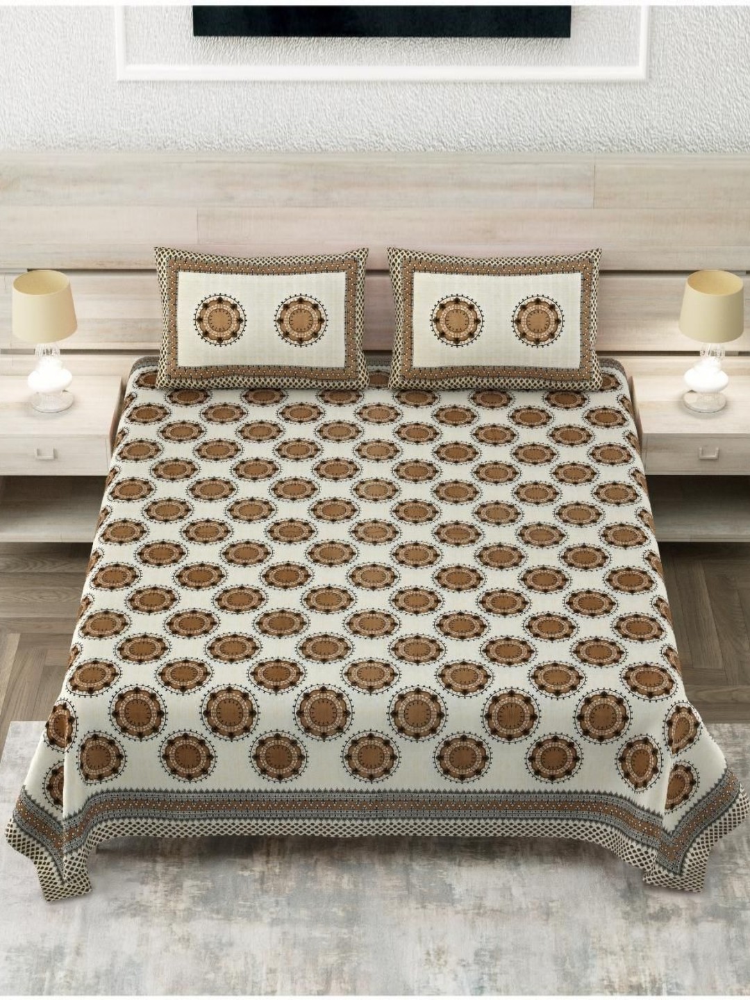 

Block Print Story Brown Ethnic Motifs Twill Cotton 210 TC King Bedsheet & 2 Pillow Covers