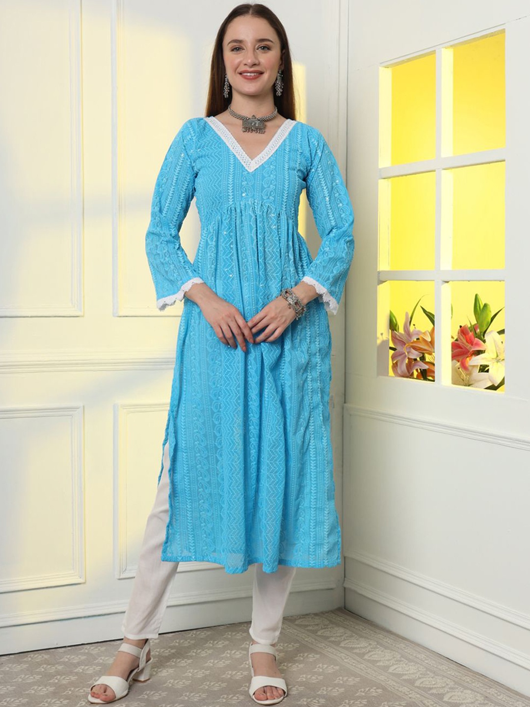 

PRANZ CREATION Floral Embroidered Pleated A-Line Kurta with Pyjamas, Turquoise blue
