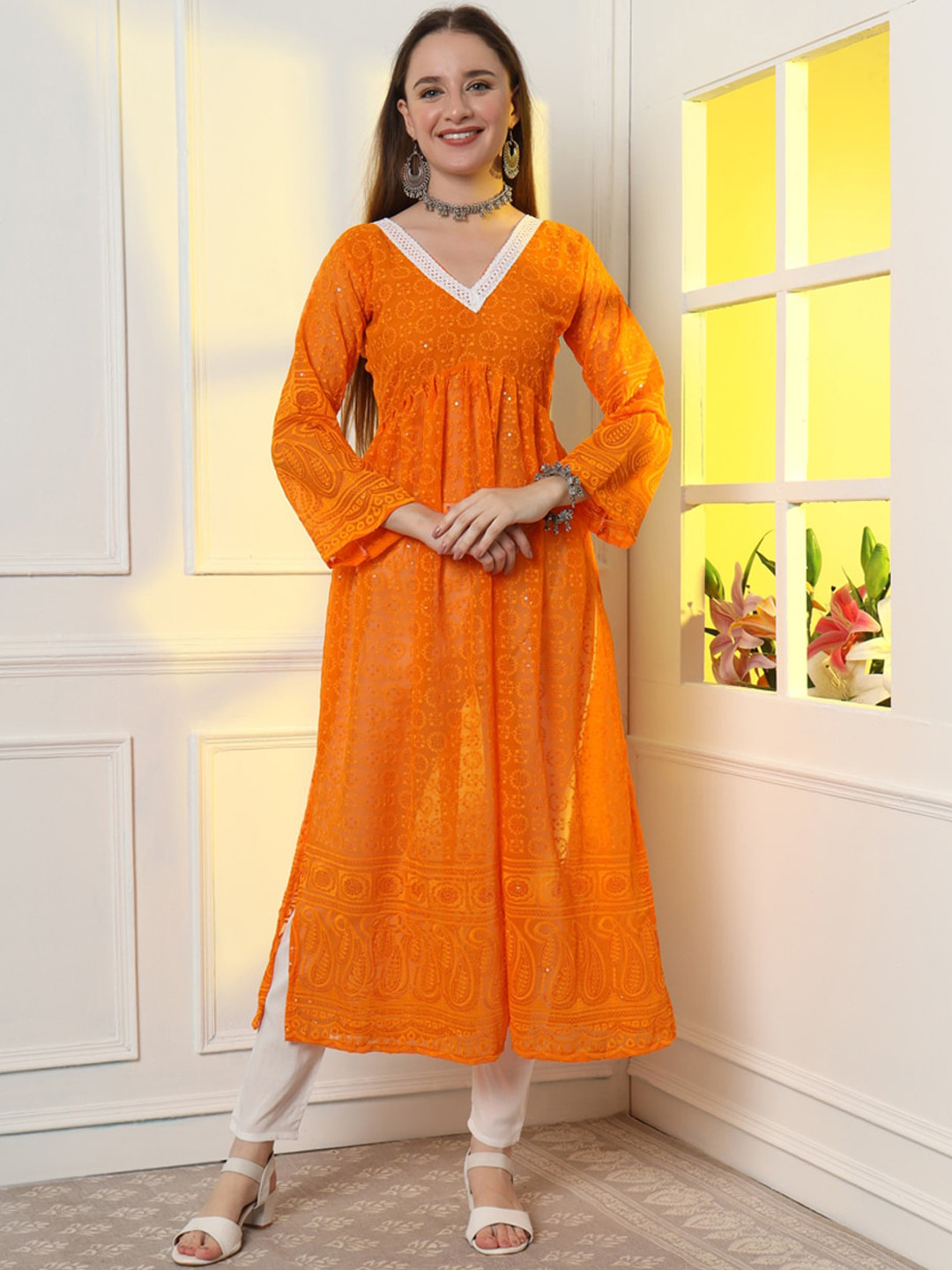 

PRANZ CREATION Paisley Embroidered Chikankari Anarkali Kurta with Pyjamas, Orange