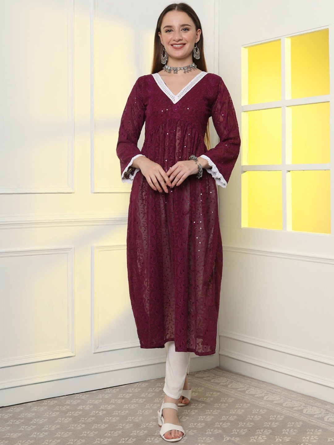 

PRANZ CREATION Paisley Embroidered Chikankari Anarkali Kurta with Pyjamas, Purple