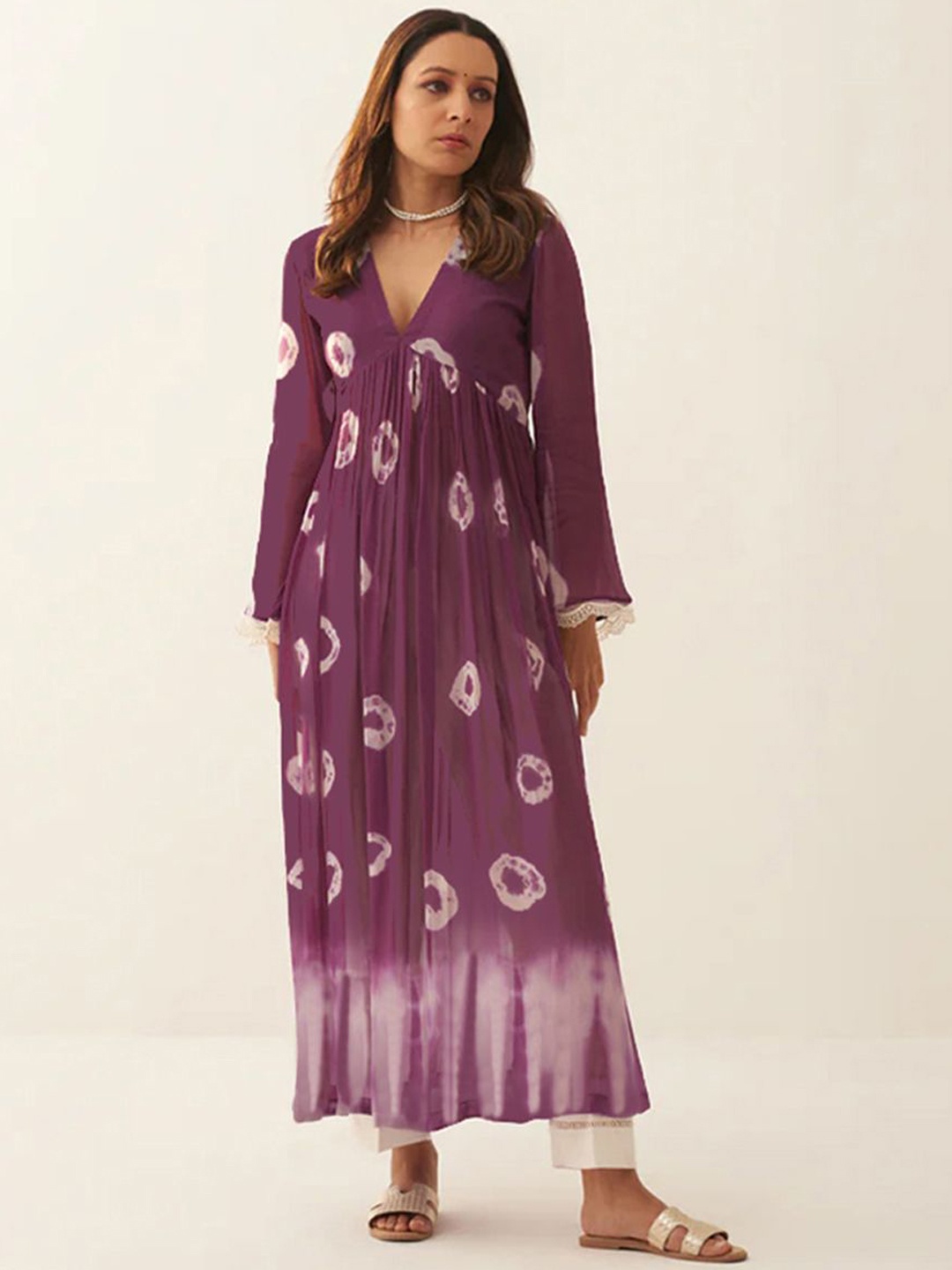 

PRANZ CREATION Dyed Pleated Anarkali Kurta with Pyjamas, Purple