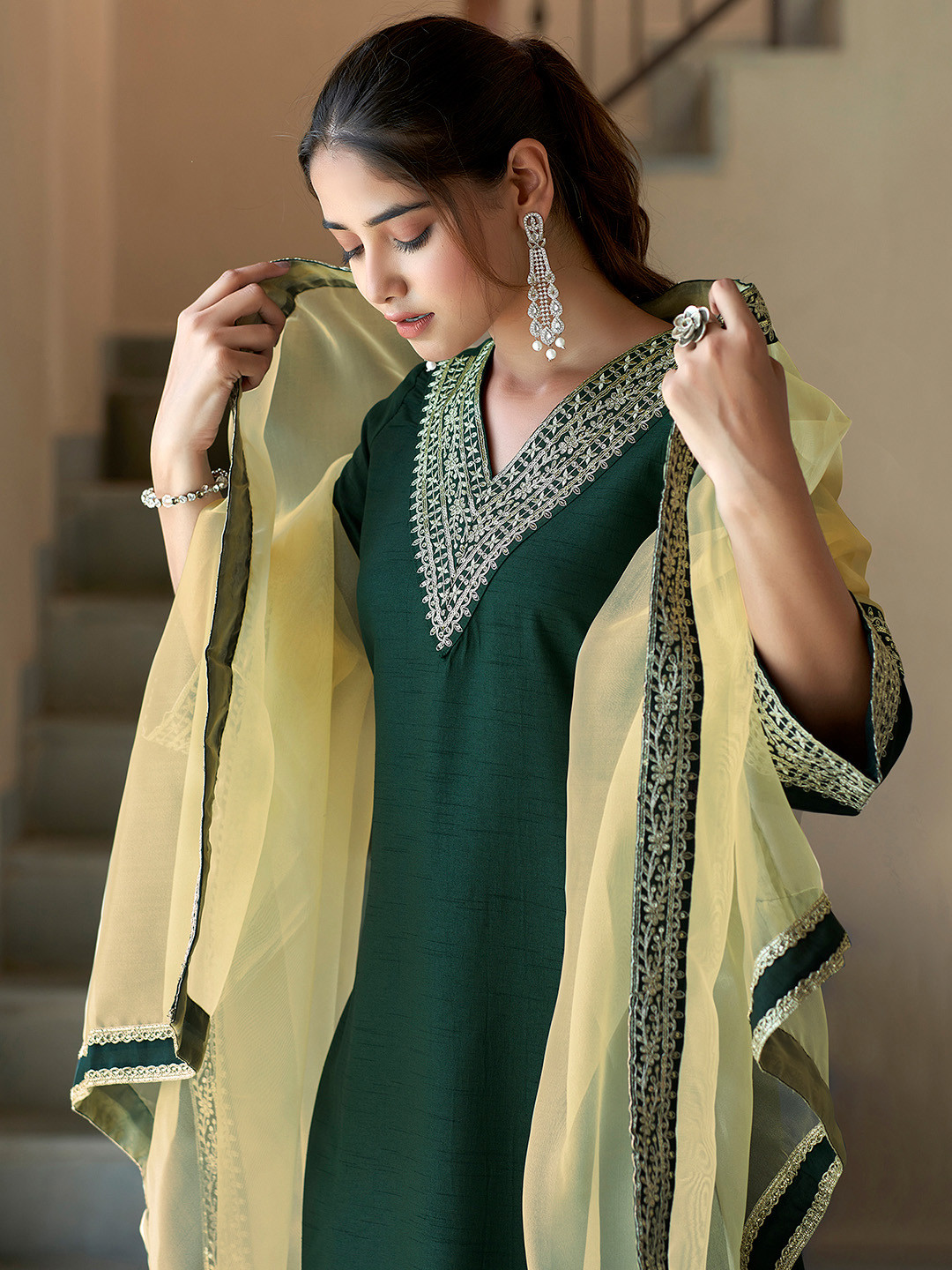 

KALINI Floral Yoke Design Thread Work Straight Kurta With Trousers & Dupatta, Green
