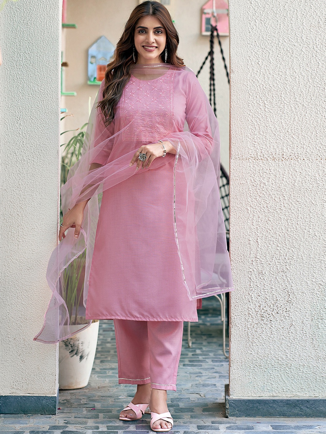 

KALINI Floral Yoke Design Thread Work Straight Kurta With Trousers & Dupatta, Peach