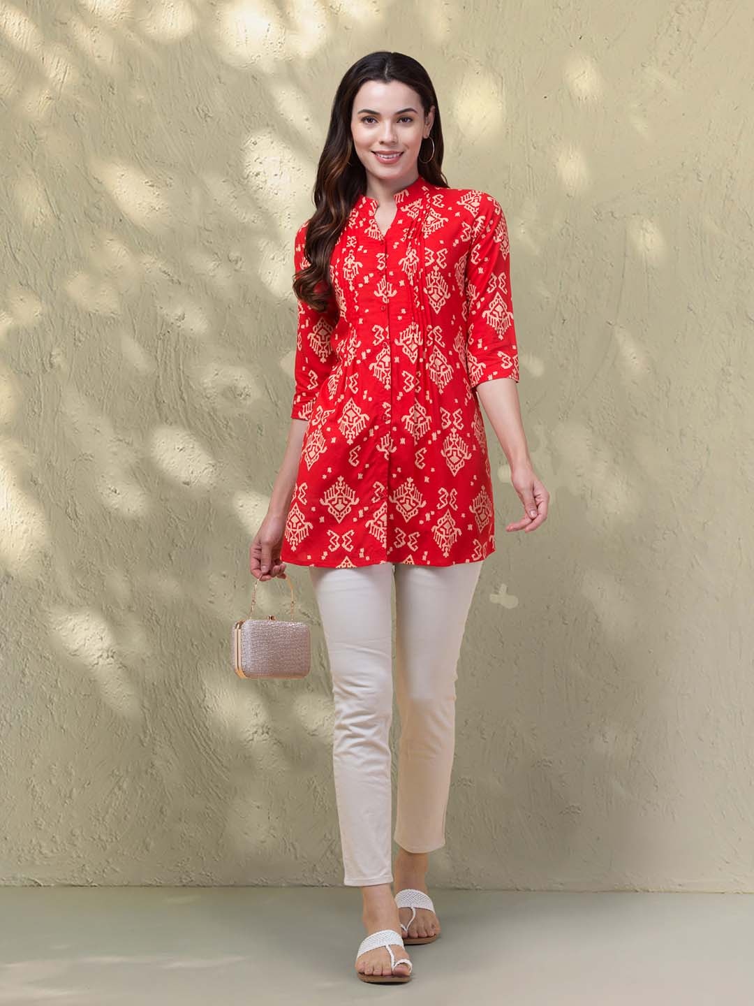 

Hive91 Floral Printed Mandarin Collar Tunic, Red