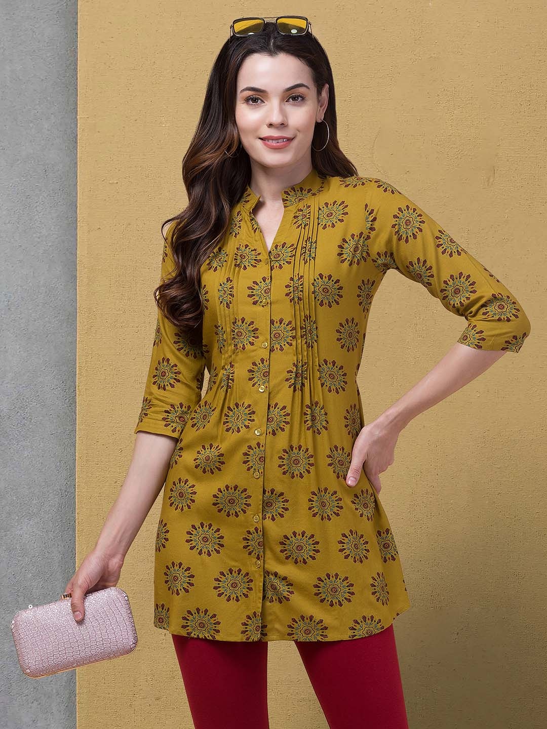 

Hive91 Floral Printed Mandarin Collar Tunic, Mustard