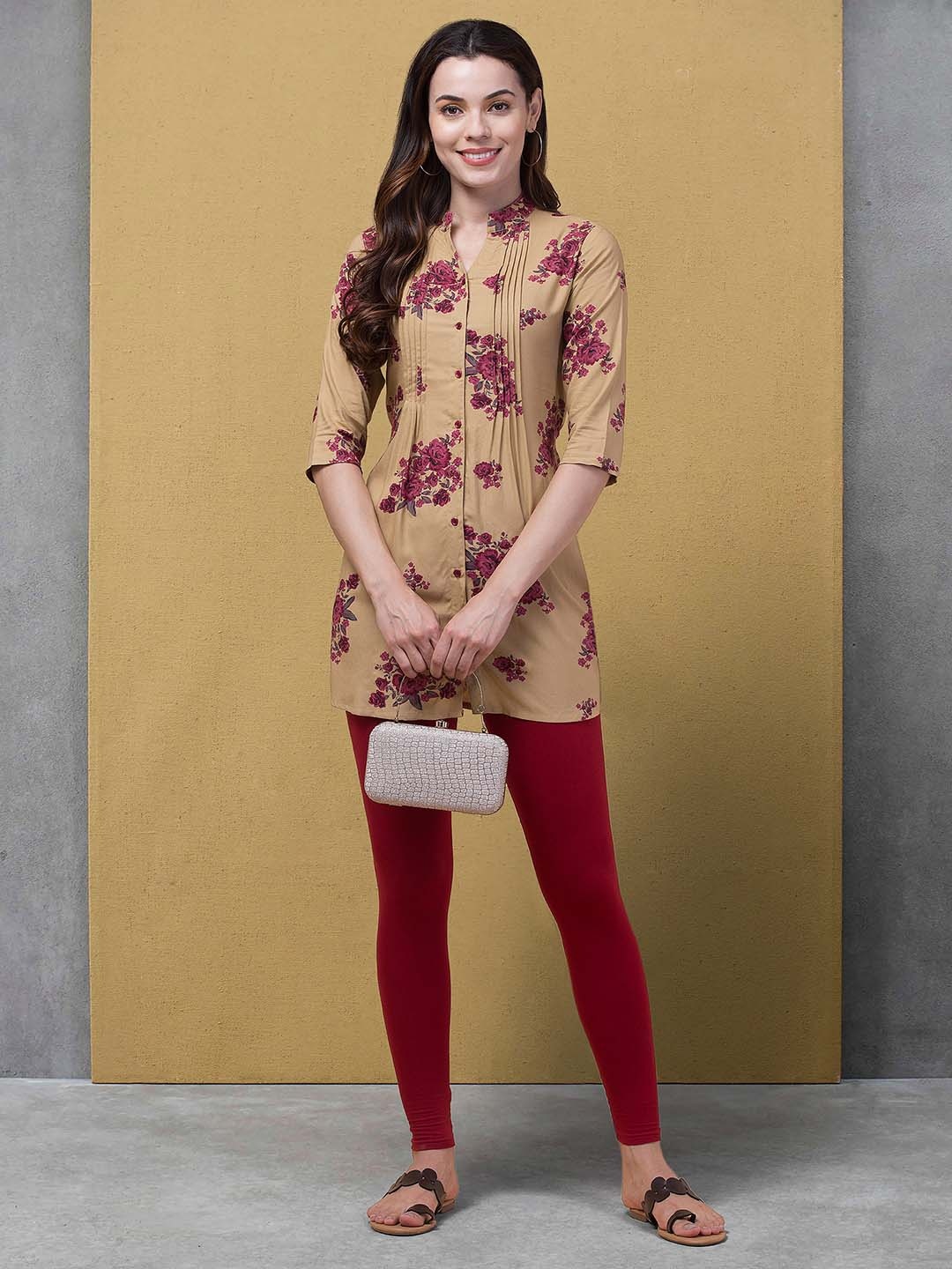 

Hive91 Floral Printed Mandarin Collar Tunic, Beige