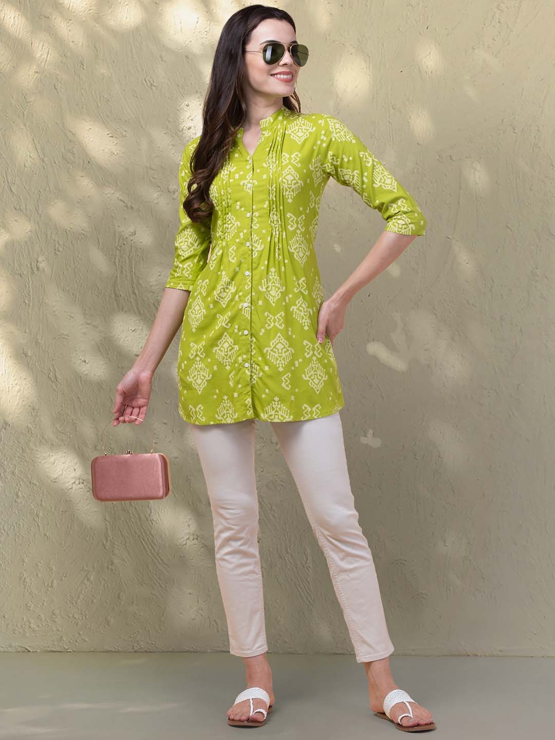 

Hive91 Floral Printed Mandarin Collar Tunic, Green