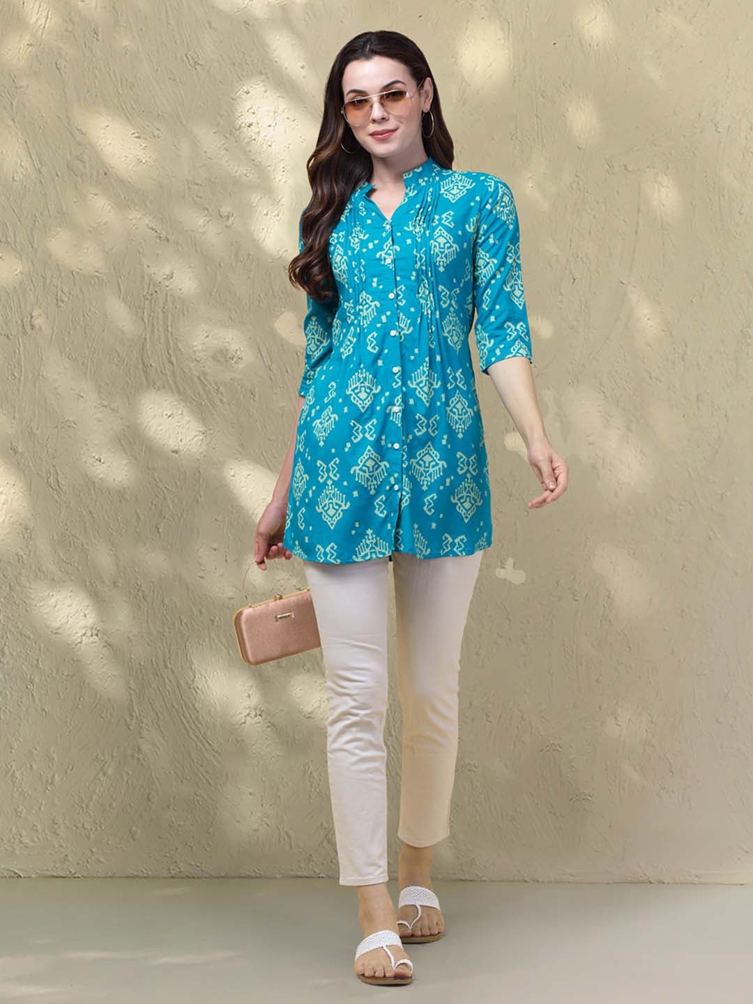

Hive91 Ethnic Motifs Printed Mandarin Collar Gathers Tunic, Blue