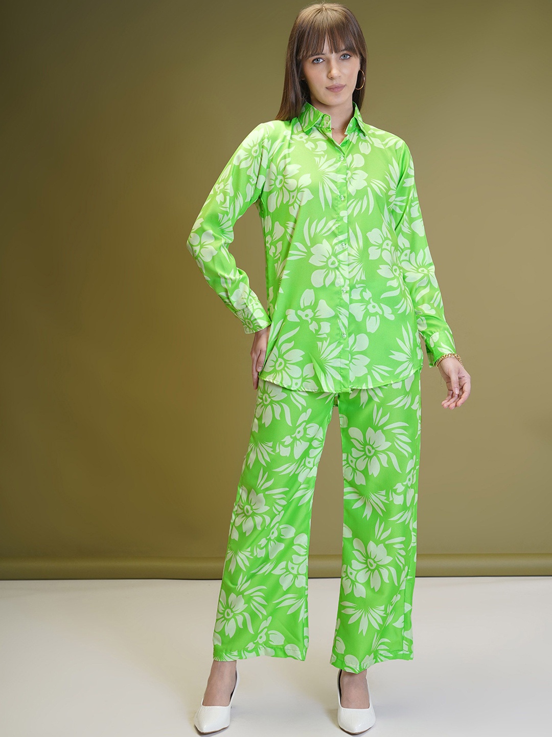 

Ashiya Fab Floral Printed Long Sleeves Shirt With Flared Palazzos, Green